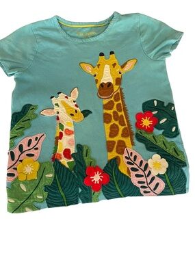 Mini Boden Aqua Tee with Colorful Giraffe Appliqués